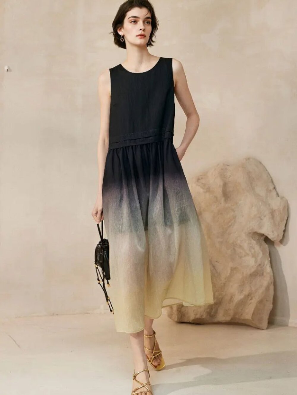 NWT: XS Black and Cream colored. Ombre and Linen sleeveless dress - gorgeous!